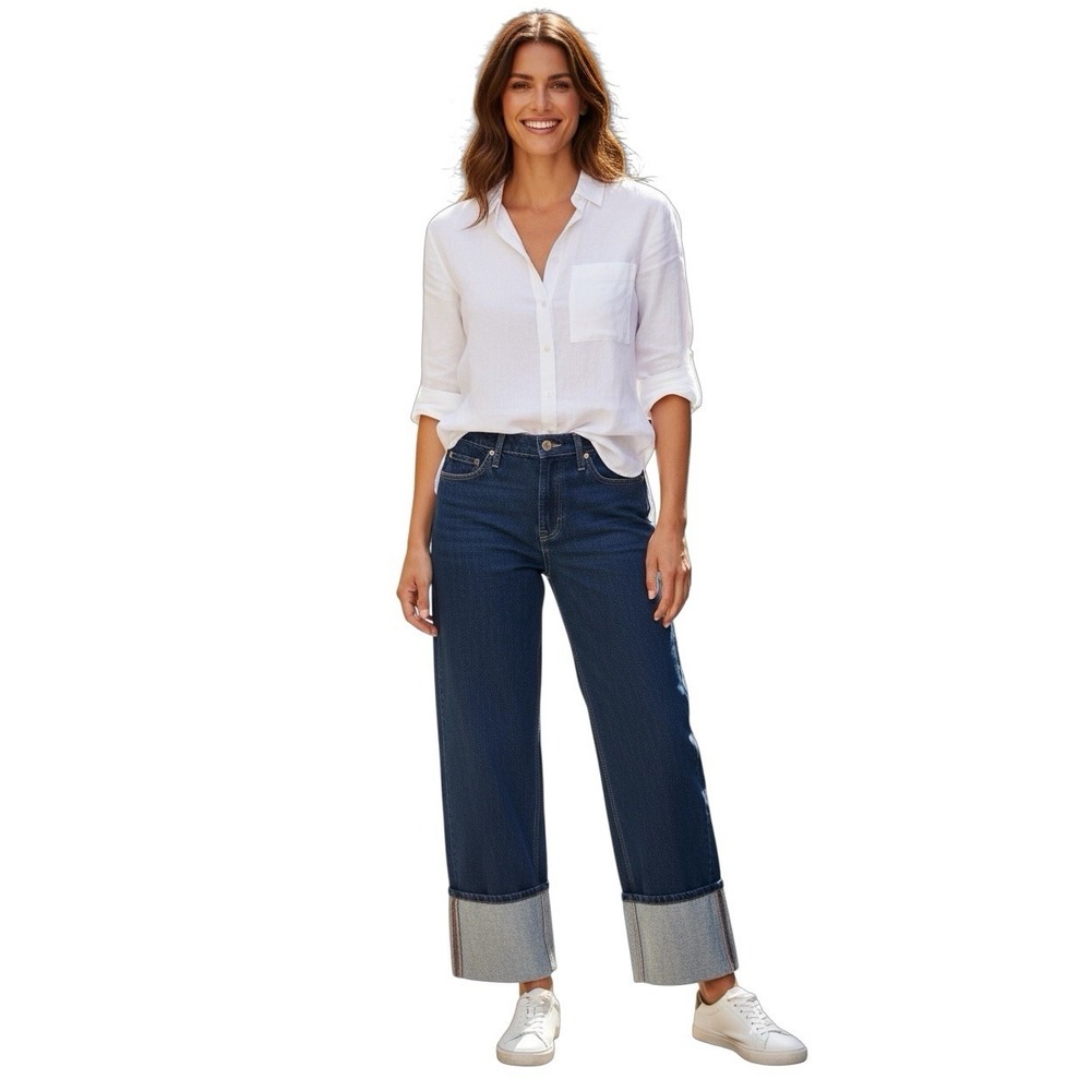 Kate Spade NY Dark Wash Wide‎ Leg Jeans Cuffed Hem Women's Size 4 NWT